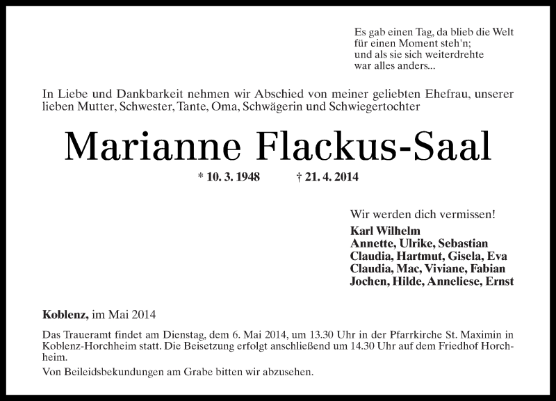  Traueranzeige für Marianne Flackus-Saal vom 03.05.2014 aus Rhein-Zeitung
