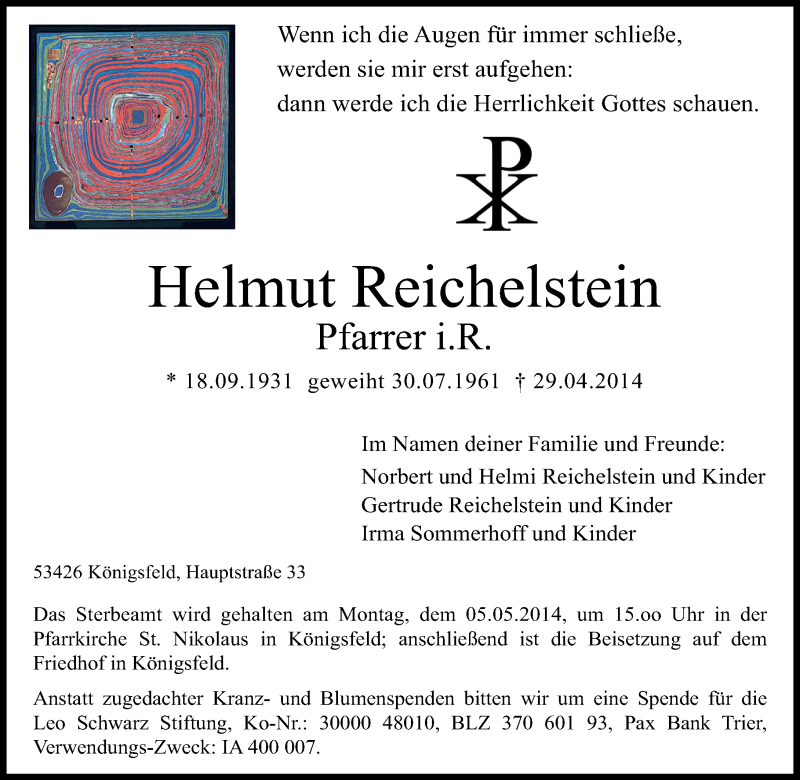  Traueranzeige für Helmut Reichelstein vom 02.05.2014 aus Rhein-Zeitung