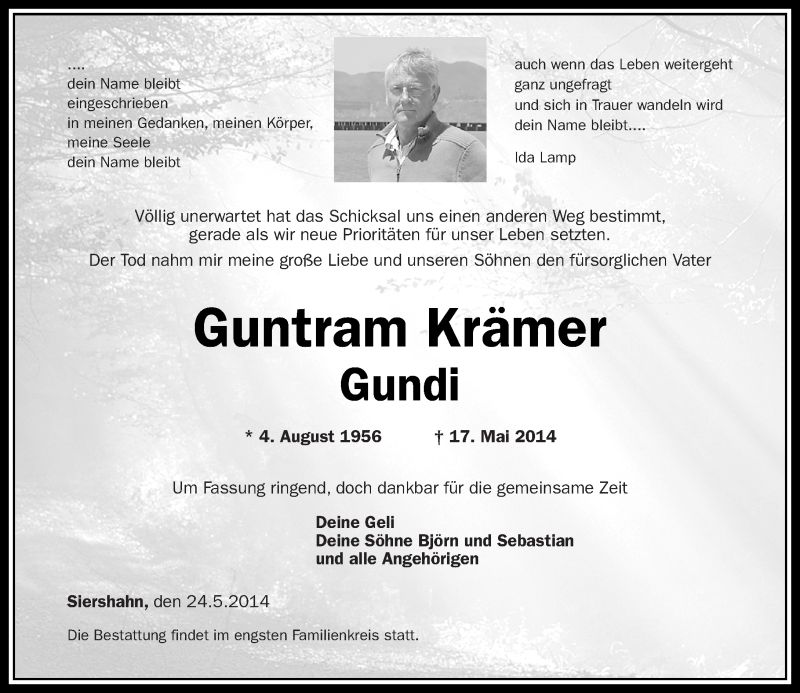  Traueranzeige für Guntram Krämer vom 24.05.2014 aus Westerwälder Zeitung