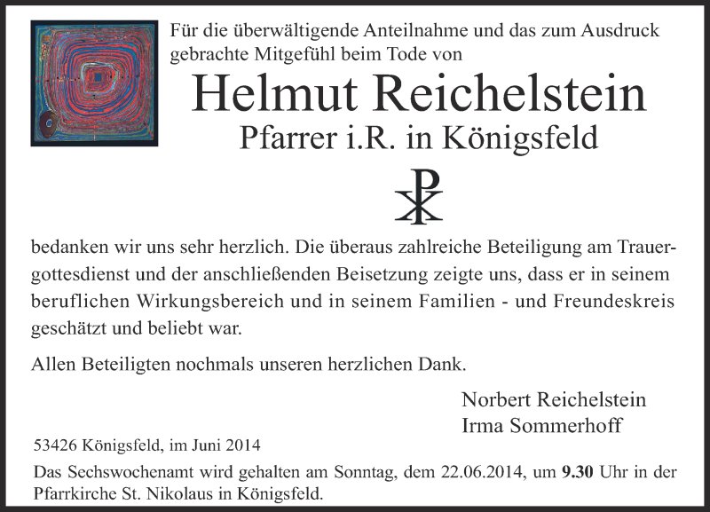  Traueranzeige für Helmut Reichelstein vom 14.06.2014 aus Rhein-Zeitung