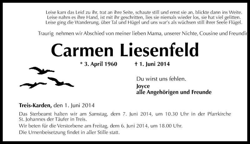  Traueranzeige für Carmen Liesenfeld vom 05.06.2014 aus Rhein-Zeitung