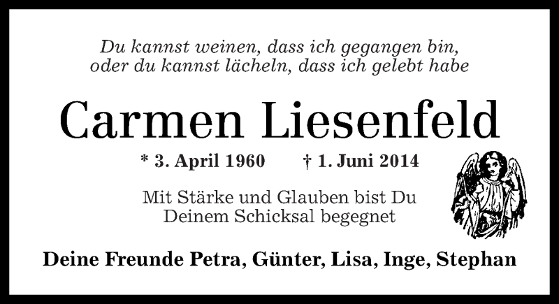  Traueranzeige für Carmen Liesenfeld vom 06.06.2014 aus Rhein-Zeitung