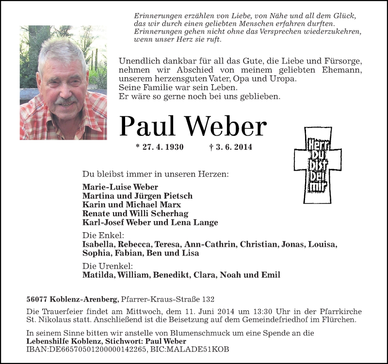  Traueranzeige für Paul Weber vom 07.06.2014 aus Rhein-Zeitung