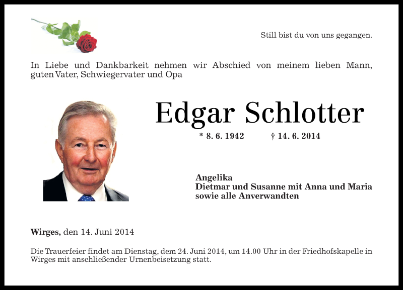  Traueranzeige für Edgar Schlotter vom 21.06.2014 aus Westerwälder Zeitung