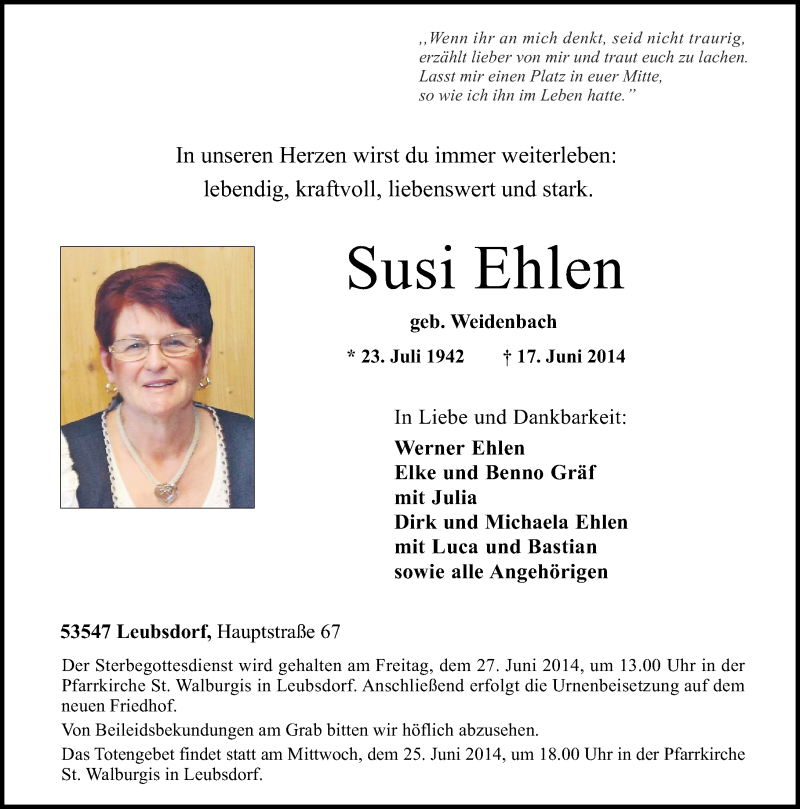  Traueranzeige für Susi Ehlen vom 21.06.2014 aus Rhein-Zeitung