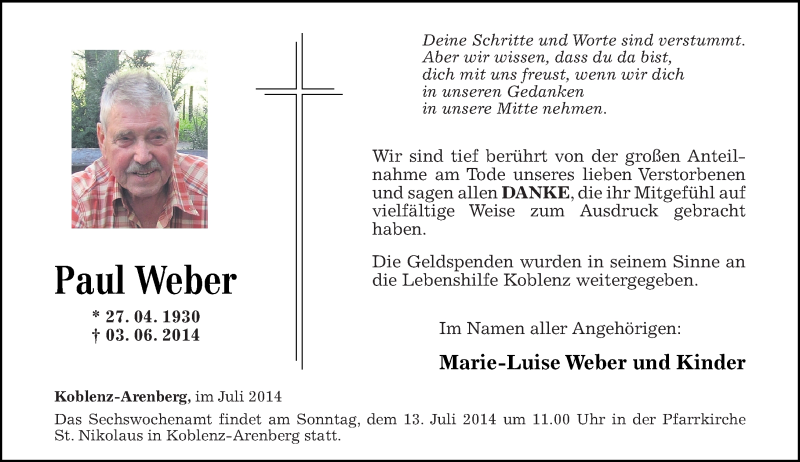  Traueranzeige für Paul Weber vom 05.07.2014 aus Rhein-Zeitung