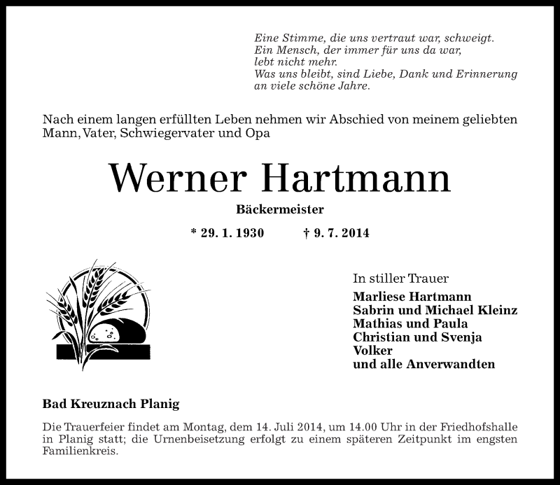  Traueranzeige für Werner Hartmann vom 12.07.2014 aus Oeffentlicher Anzeiger