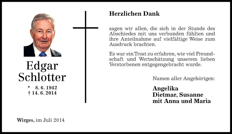  Traueranzeige für Edgar Schlotter vom 12.07.2014 aus Westerwälder Zeitung