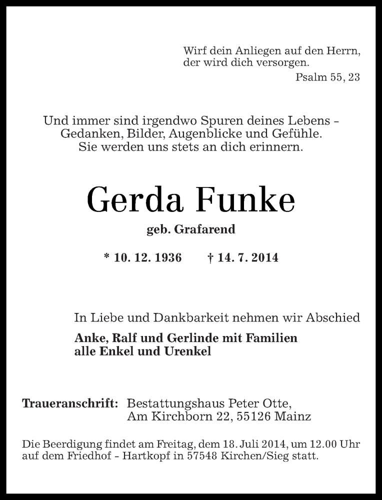  Traueranzeige für Gerda Funke vom 16.07.2014 aus Rhein-Zeitung