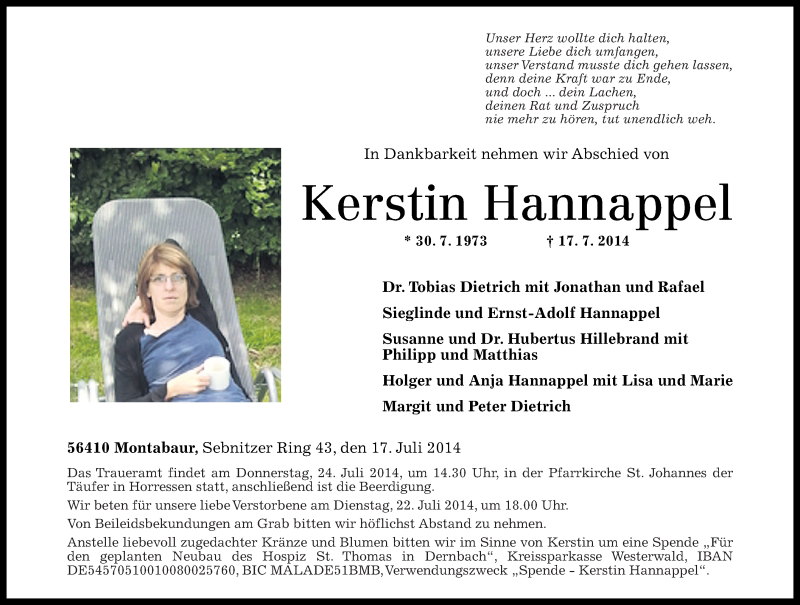  Traueranzeige für Kerstin Hannappel vom 19.07.2014 aus Rhein-Zeitung