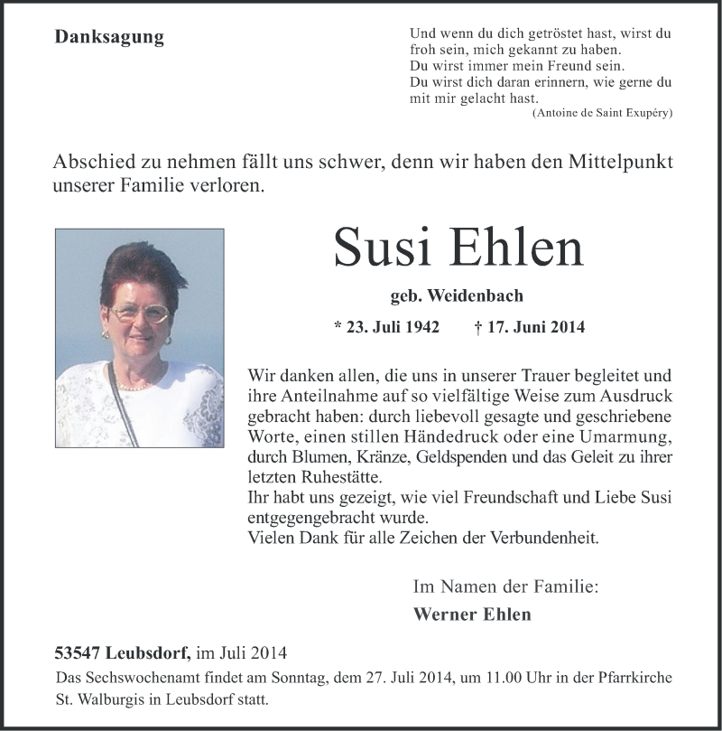  Traueranzeige für Susi Ehlen vom 19.07.2014 aus Rhein-Zeitung