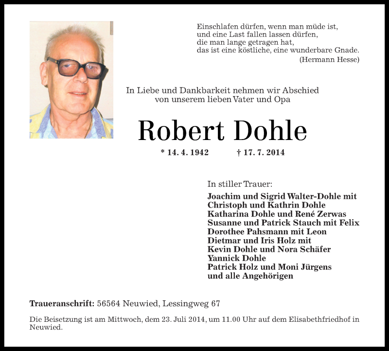  Traueranzeige für Robert Dohle vom 22.07.2014 aus Rhein-Zeitung