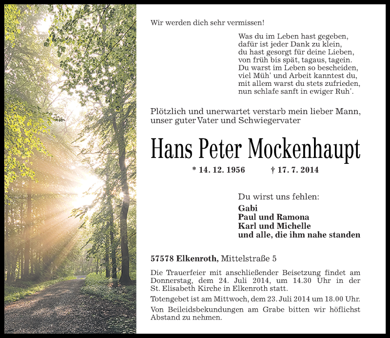  Traueranzeige für Hans Peter Mockenhaupt vom 22.07.2014 aus Rhein-Zeitung