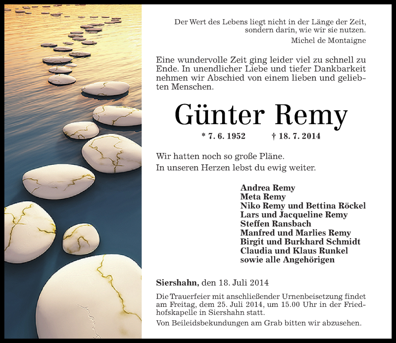  Traueranzeige für Günter Remy vom 22.07.2014 aus Westerwälder Zeitung