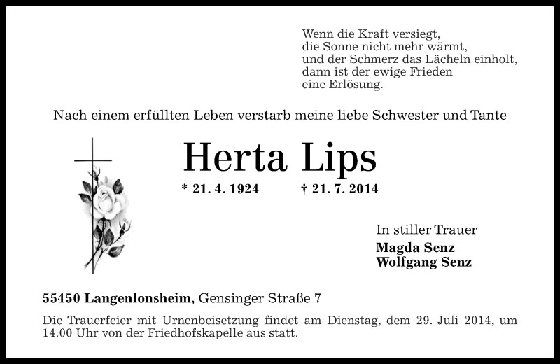  Traueranzeige für Herta Lips vom 25.07.2014 aus Oeffentlicher Anzeiger