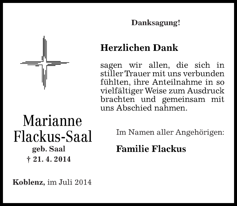  Traueranzeige für Marianne Flackus-Saal vom 12.07.2014 aus Rhein-Zeitung