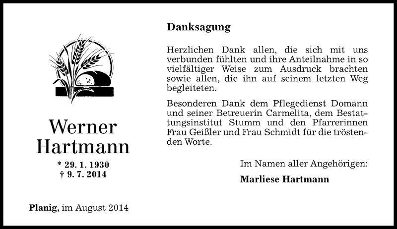  Traueranzeige für Werner Hartmann vom 09.08.2014 aus Oeffentlicher Anzeiger