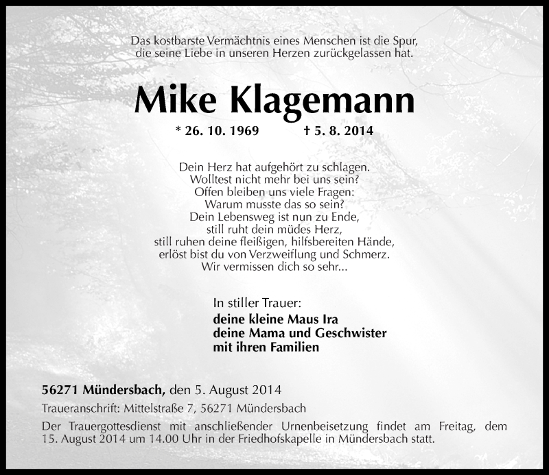  Traueranzeige für Mike Klagemann vom 12.08.2014 aus Rhein-Zeitung
