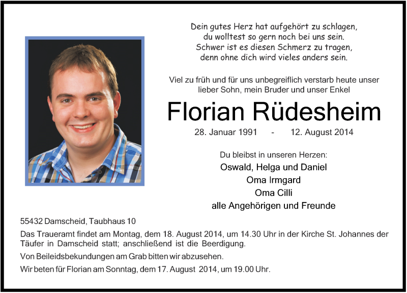  Traueranzeige für Florian Rüdesheim vom 15.08.2014 aus Rhein-Hunsrück-Zeitung