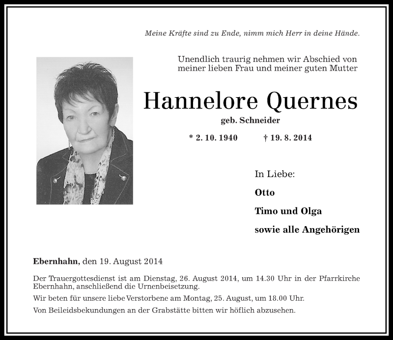  Traueranzeige für Hannelore Quernes vom 22.08.2014 aus Westerwälder Zeitung