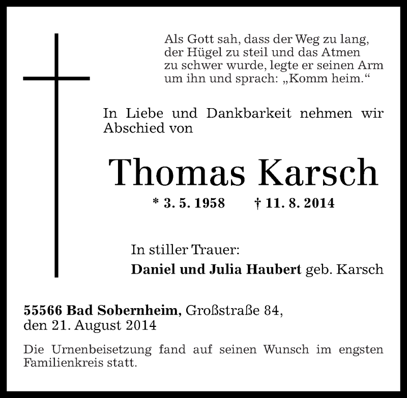  Traueranzeige für Thomas Karsch vom 21.08.2014 aus Oeffentlicher Anzeiger