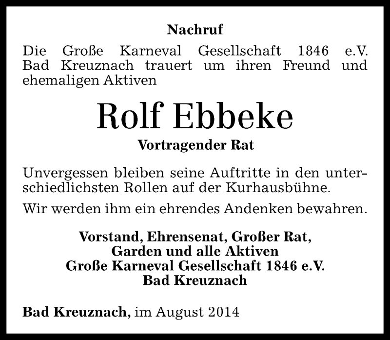  Traueranzeige für Rolf Ebbeke vom 23.08.2014 aus Oeffentlicher Anzeiger