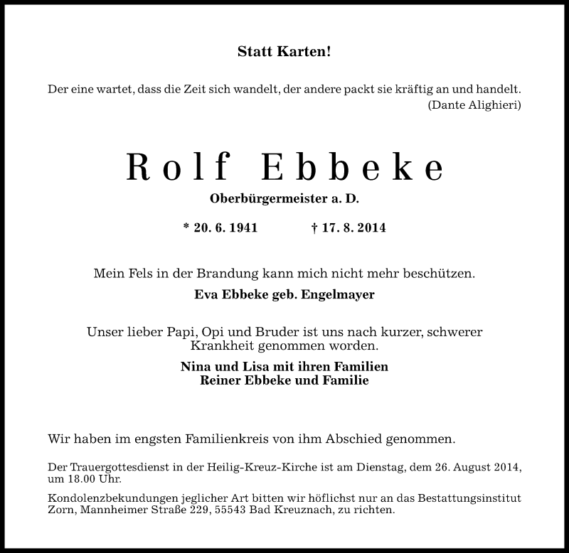  Traueranzeige für Rolf Ebbeke vom 21.08.2014 aus Oeffentlicher Anzeiger