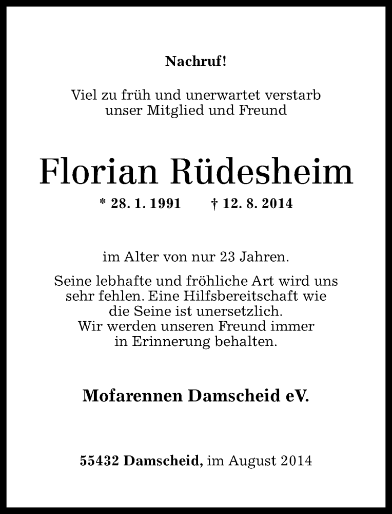  Traueranzeige für Florian Rüdesheim vom 21.08.2014 aus Rhein-Hunsrück-Zeitung
