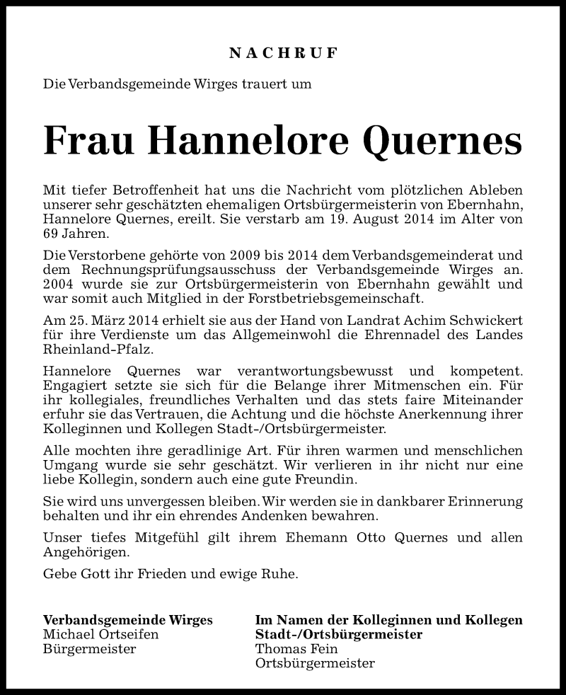  Traueranzeige für Hannelore Quernes vom 22.08.2014 aus Westerwälder Zeitung