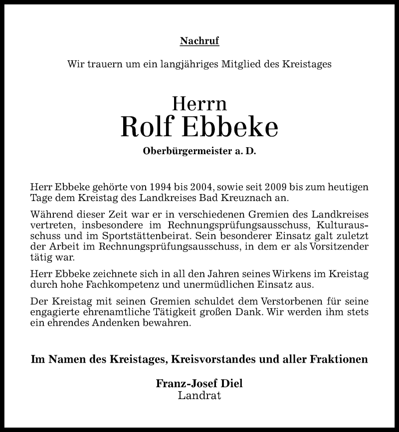  Traueranzeige für Rolf Ebbeke vom 22.08.2014 aus Oeffentlicher Anzeiger
