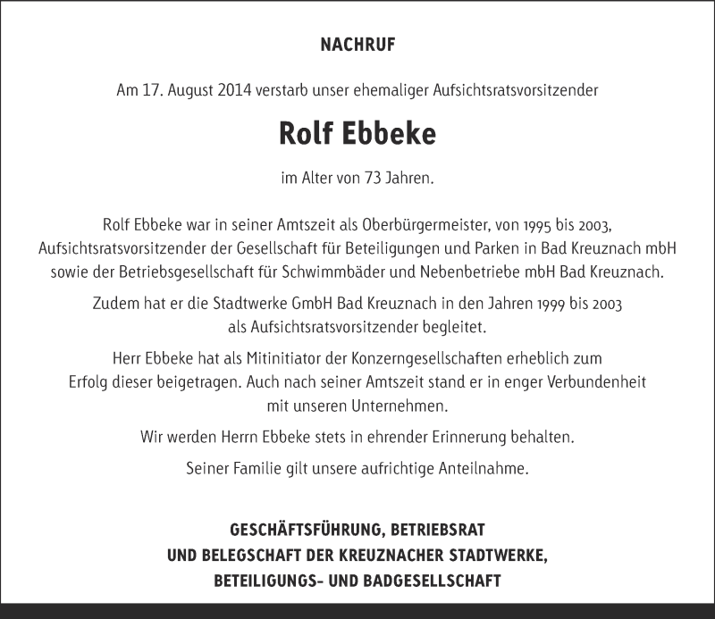  Traueranzeige für Rolf Ebbeke vom 23.08.2014 aus Oeffentlicher Anzeiger