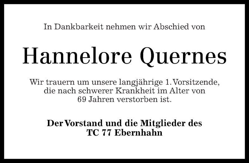  Traueranzeige für Hannelore Quernes vom 25.08.2014 aus Westerwälder Zeitung