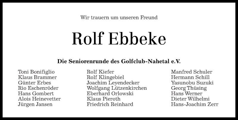  Traueranzeige für Rolf Ebbeke vom 26.08.2014 aus Oeffentlicher Anzeiger