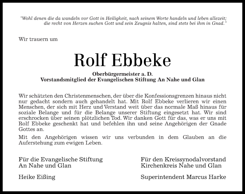  Traueranzeige für Rolf Ebbeke vom 26.08.2014 aus Oeffentlicher Anzeiger