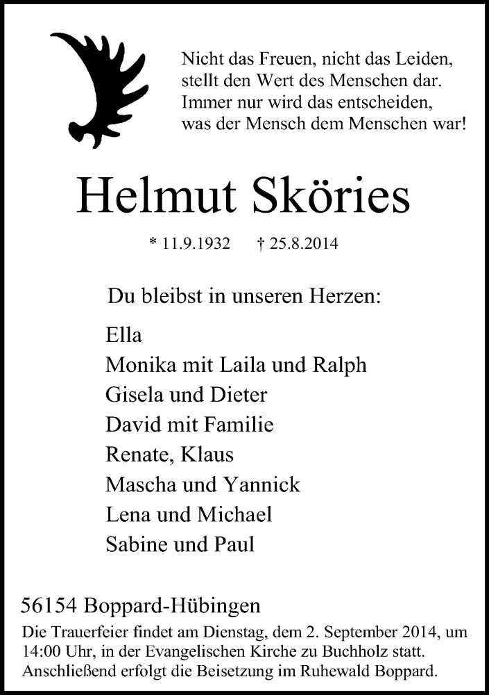  Traueranzeige für Helmut Sköries vom 30.08.2014 aus Rhein-Hunsrück-Zeitung