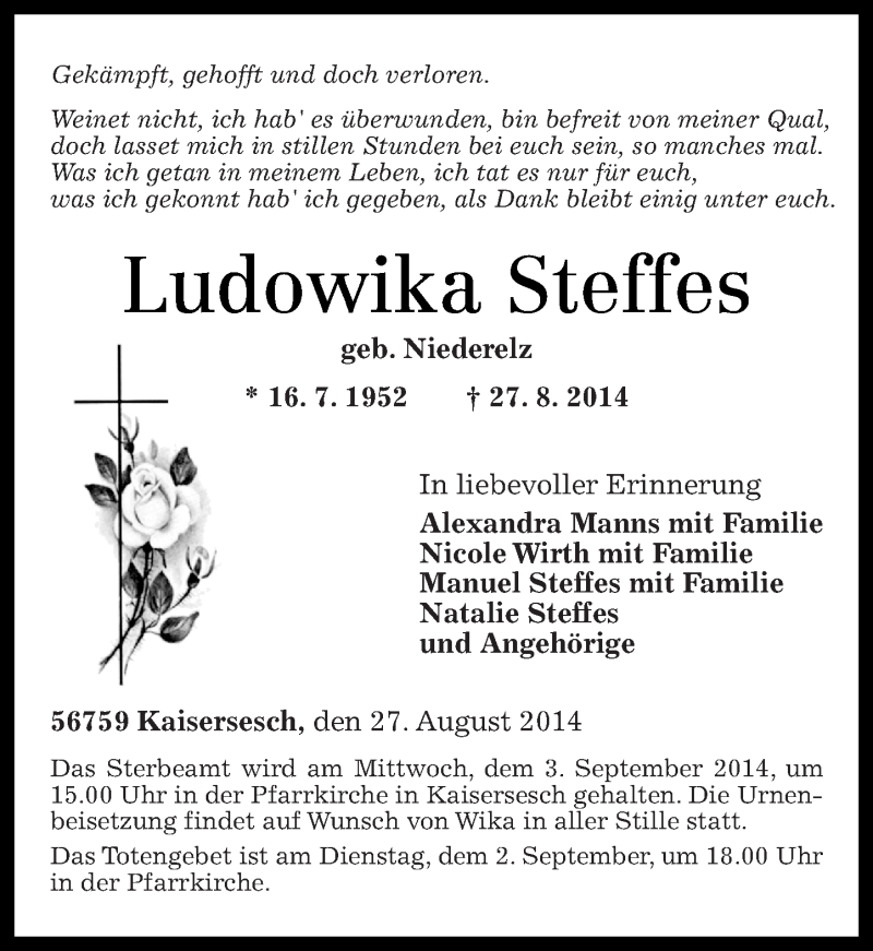  Traueranzeige für Ludowika Steffes vom 30.08.2014 aus Rhein-Zeitung