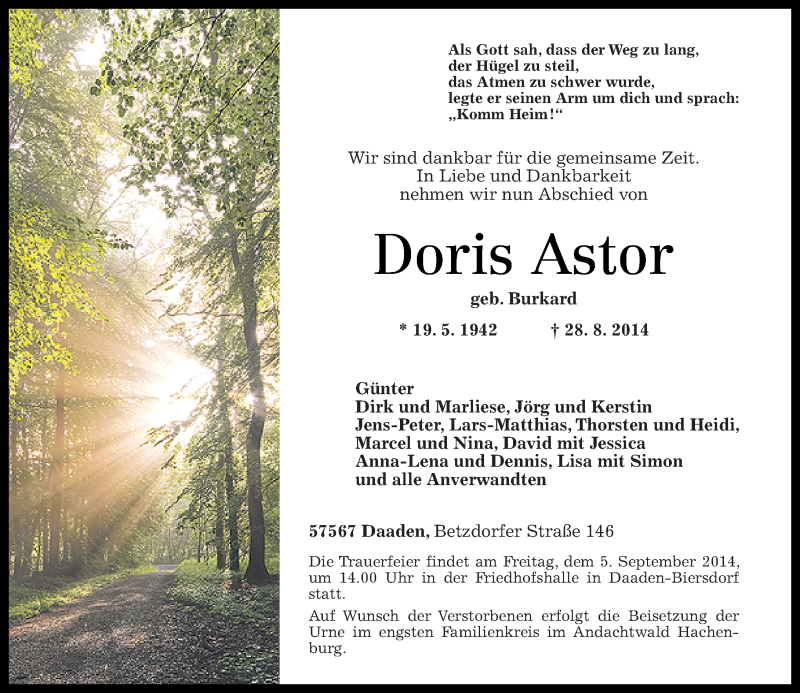  Traueranzeige für Doris Astor vom 01.09.2014 aus Rhein-Zeitung