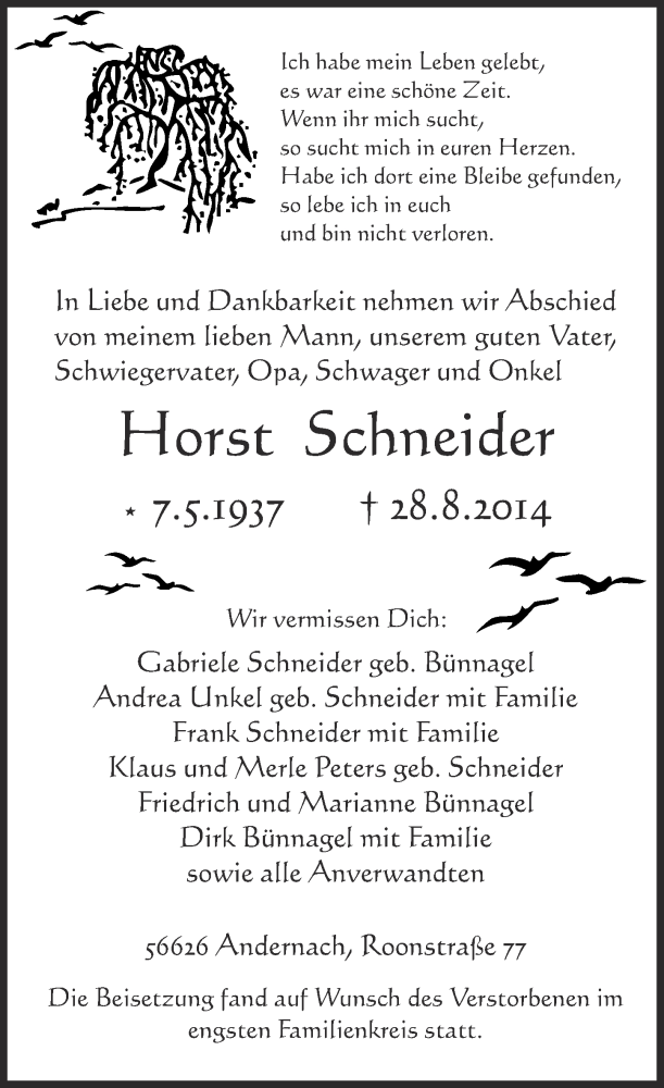  Traueranzeige für Horst Schneider vom 06.09.2014 aus Rhein-Zeitung