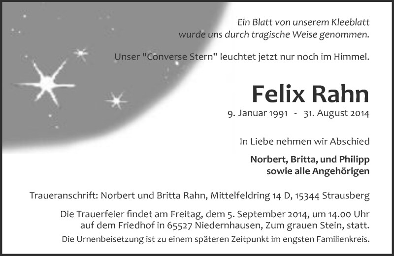  Traueranzeige für Felix Rahn vom 04.09.2014 aus Westerwälder Zeitung