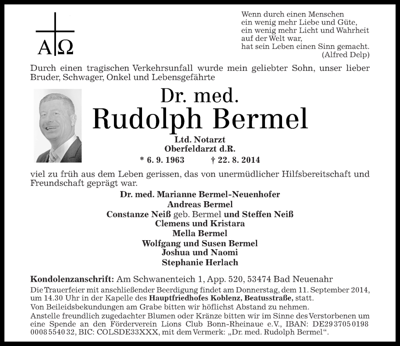  Traueranzeige für Rudolph Bermel vom 06.09.2014 aus Rhein-Zeitung