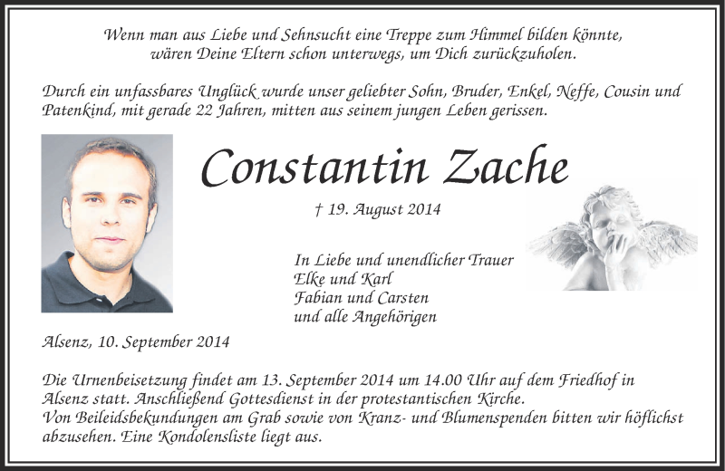  Traueranzeige für Constantin Zache vom 10.09.2014 aus Oeffentlicher Anzeiger