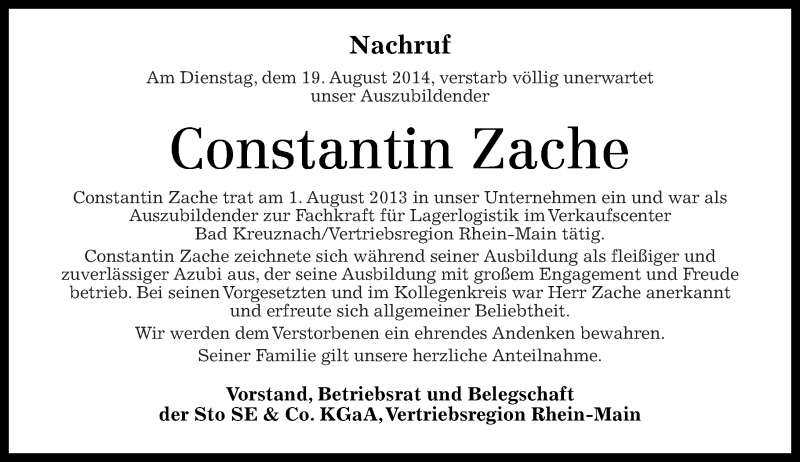  Traueranzeige für Constantin Zache vom 12.09.2014 aus Oeffentlicher Anzeiger