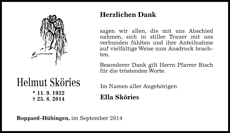  Traueranzeige für Helmut Sköries vom 20.09.2014 aus Rhein-Hunsrück-Zeitung
