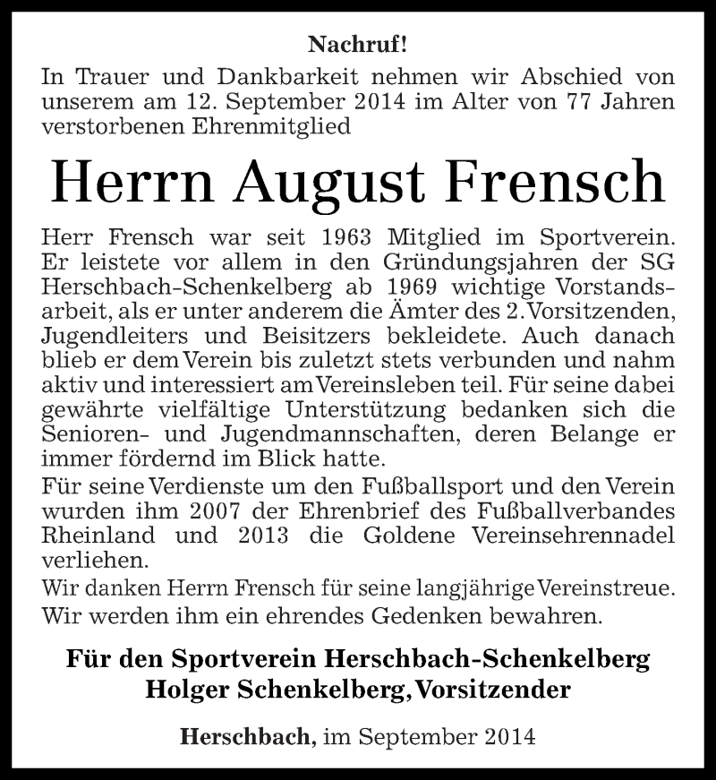  Traueranzeige für August Frensch vom 17.09.2014 aus Westerwälder Zeitung