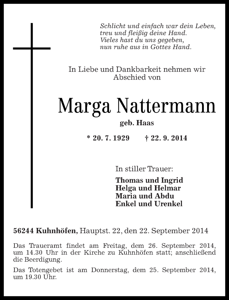  Traueranzeige für Marga Nattermann vom 24.09.2014 aus Westerwälder Zeitung