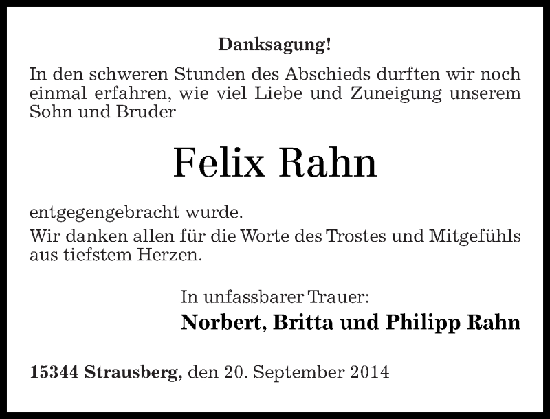  Traueranzeige für Felix Rahn vom 20.09.2014 aus Westerwälder Zeitung