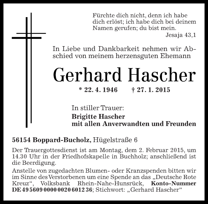  Traueranzeige für Gerhard Hascher vom 30.01.2015 aus Rhein-Zeitung