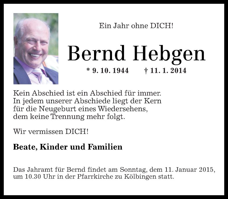  Traueranzeige für Bernd Hebgen vom 10.01.2015 aus Westerwälder Zeitung