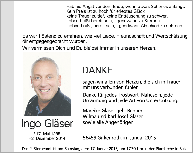  Traueranzeige für Ingo Gläser vom 15.01.2015 aus Westerwälder Zeitung