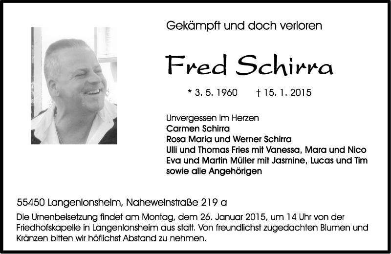  Traueranzeige für Fred Schirra vom 22.01.2015 aus Oeffentlicher Anzeiger